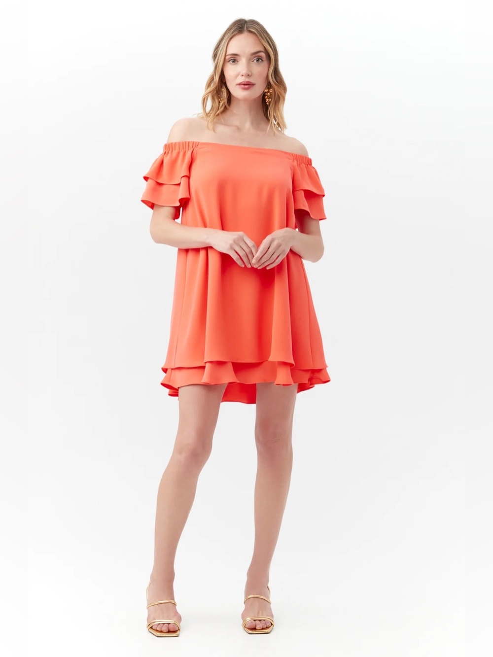Trina Turk PIPER DRESS Off-Shoulder Coral Ruffle Swing Dress